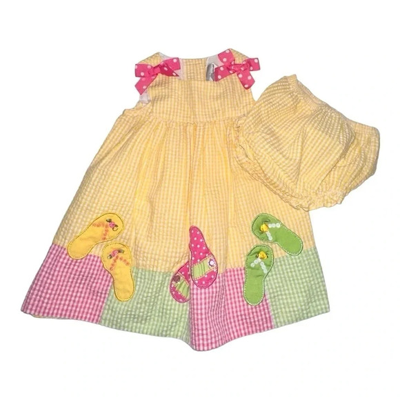 RARE EDITIONS Flip-Flop Applique Color Block Seersucker Dress Size 18m - Picture 1 of 7